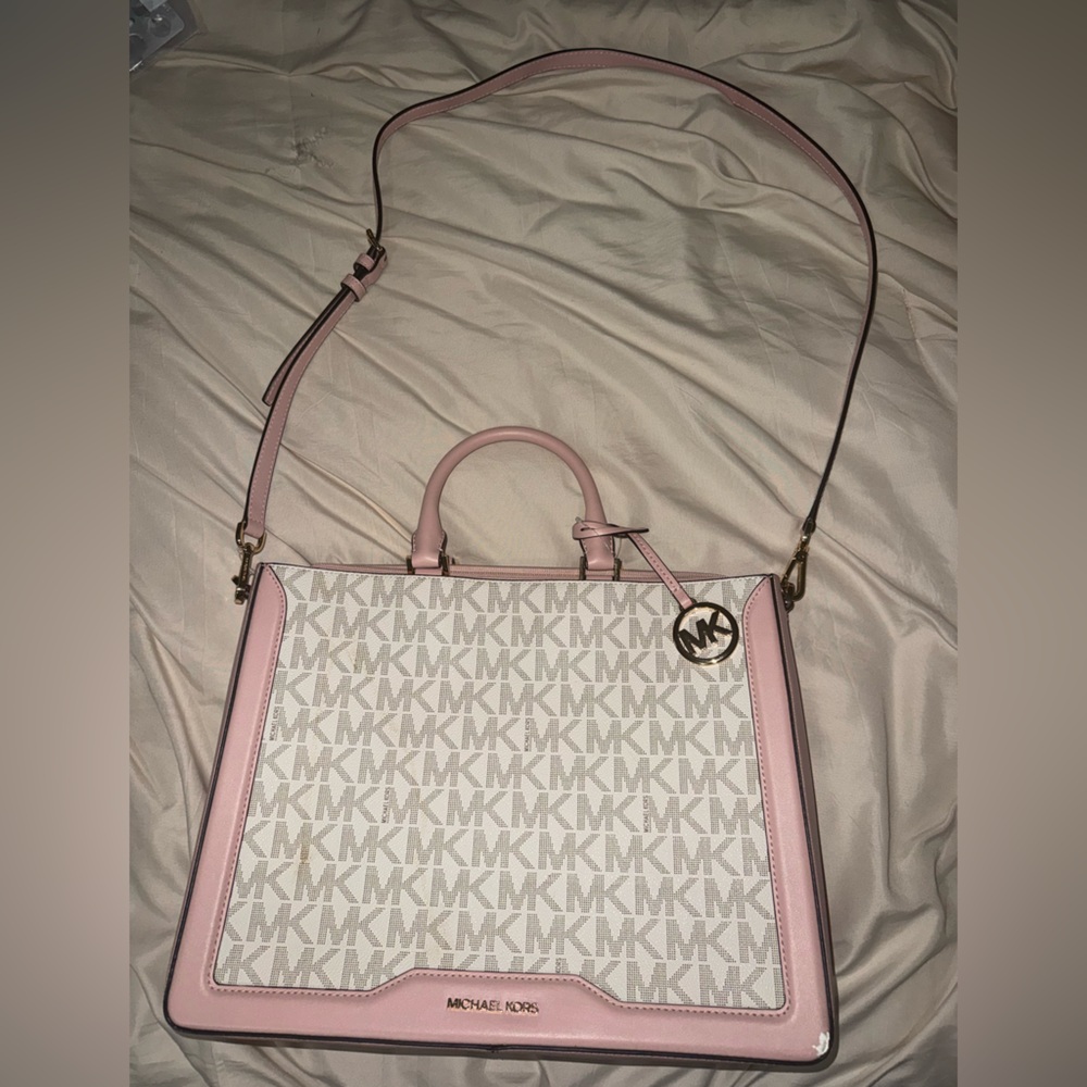 Michael Kors Pink and White Logo Tote with Gold Accent